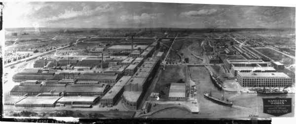 Drawing by H.M. Pettit of an aerial view of Hamilton Works.