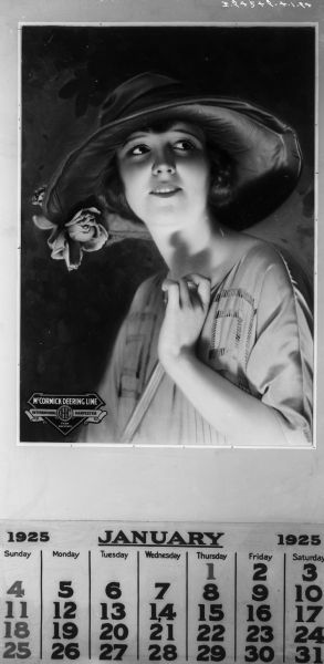 A portrait of a woman wearing a hat at the top of a calendar for January 1925.