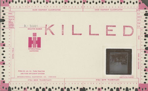 Microfilm card containing positive image of "killed negative" of photograph. This card has a negative number of A-3001.