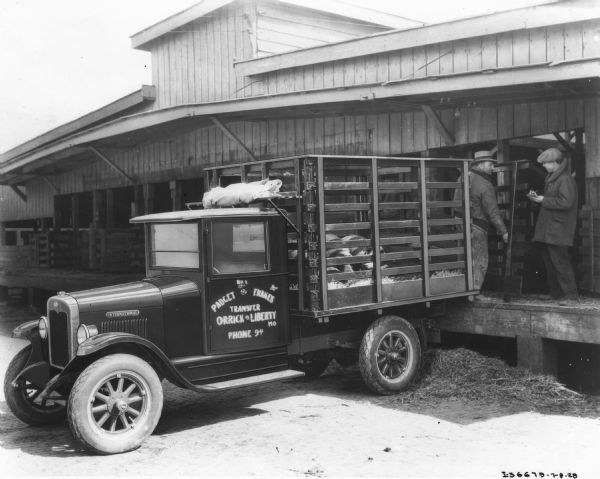 A truck with tall, wood sides is backed up to a loading dock. Two men are loading pigs into the truck. The sign on the driver's side door reads: "Padget and Frakes, Transfer Orrick or Liberty, Mo."