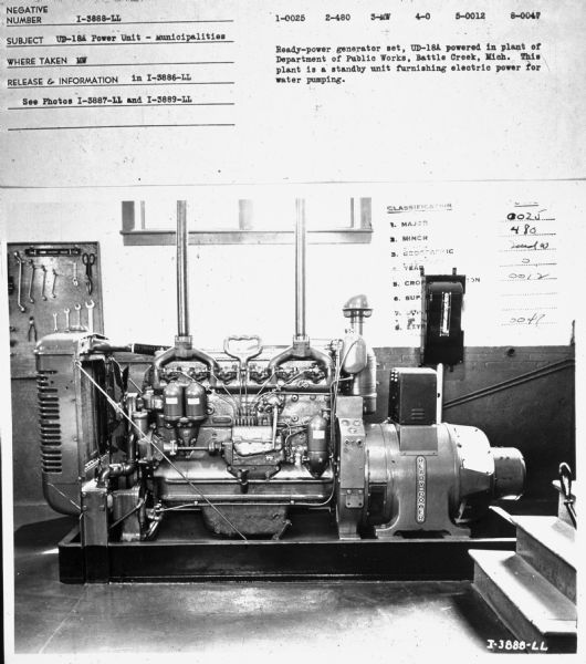 Subject: "Municipalities." Where Taken: "MW." Information with photograph reads: "Ready-Power Generator Set, UD-18A powered in plant of Department of Public Works, Battle Creek, Mich. This plant is a standby unit furnishing electric power for water pumping."