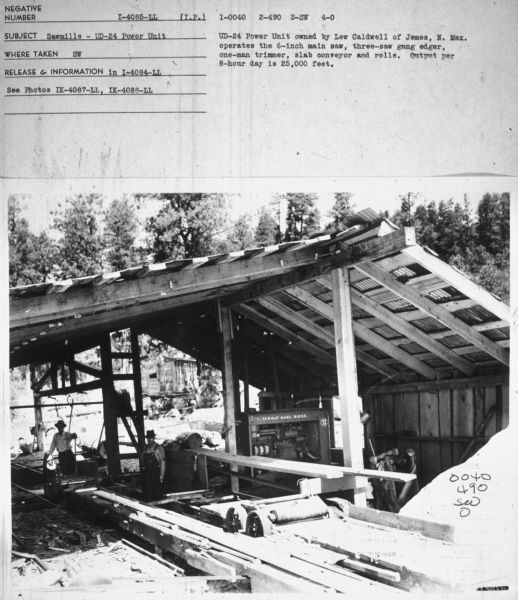 Subject: "Sawmills — UD-24 Power Unit." Where Taken: "SW." Information with photograph reads: "UD-124 Power Unit owned by Lew Caldwell of James, N. Mex. operates the 6-inch main saw, three-saw gang edger, one-man trimmer, slab conveyor and rolls. Output per 8-hour day is 24,000 feet."