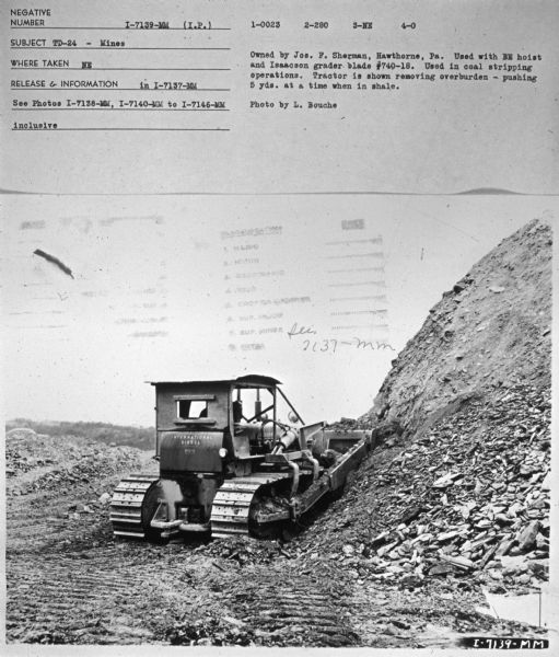 Subject: "TD-24 — Mines." Where Taken: "NE." Information with photograph reads: "Owned by Jos. F. Sherman, Hawthorne, Pa. Used with BE hoist and Isaacson grader blade #740-18. Used in coal stripping operations. Tractor is shown removing overburden - pushing 5 yds. at a time when in shale. Photo by L. Bouche."