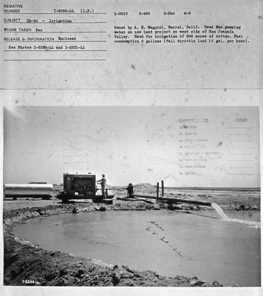 Subject: "TD-24 — Road Building." Where Taken: "Pac." Information with photograph reads: "Owned by A.E. Maggini, Burrel, Calif. Used for pumping water on new land project on west side of San Joaquin Valley. Used for irrigation of 500 acres of cotton. Fuel consumption 8 gallons (full throttle load 10 gal. per hour)."