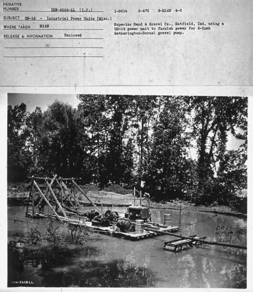 Subject: "UD-16 — Industrial Power Units (misc.)." Where Taken: "MidW." Information with photograph reads: "Superior Sand & Gravel Co., Hatfield, Inc. using a UD-16 power unit to furnish power for 6-inch Hetherington-Bernel gravel pump."