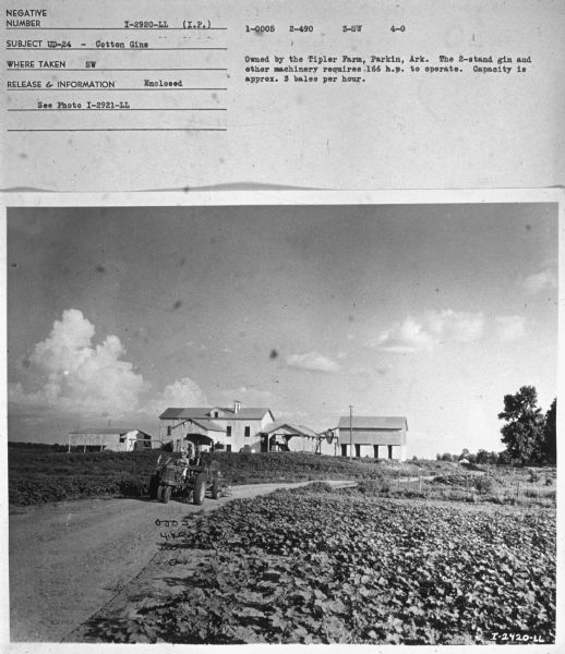 Subject: "UD-24 — Cotton Gins." Where Taken: "SW." Information with photograph reads: "Owned by the Tipler Farm, Parkin, Ark. The 2-stand gin and other machinery requires 166 h.p. to operate. Capacity is approx. 3 bales per hour."