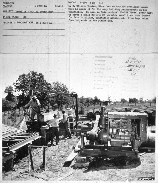 Subject: "Sawmills — UD-14A Power Unit." Where Taken: "SE." Information with photograph reads: "L.C. Wilson, Dundee, Miss. has no trouble obtaining lumber when he needs it for the many building requirements on his plantation. He uses an International UD-14A Diesel power unit to power a small Corinth 2B portable sawmill and cuts lumber for farm buildings, plantation houses, etc. from logs taken from the woods on the plantation."