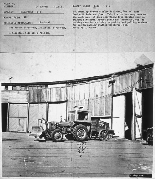Subject: "Railroads — I-4." Where Taken: "NE." Information with photograph reads: "I-4 owned by Boston & Maine Railroad, Boston, Mass. Used with Anderson plow. This tractor has many uses on the railroad. It does everything from plowing snow on station platforms, around yards and terminals, etc. to pushing cars for spotting to pushing and pulling sanders for use in sanding station platforms, etc. Photo by L. Bouche."	