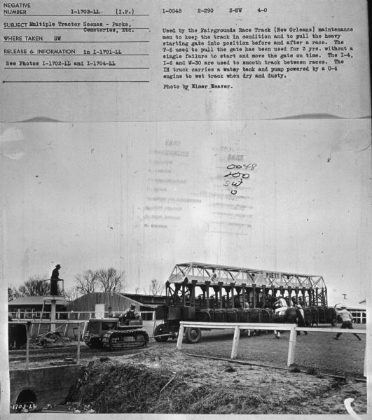 Subject: "Multiple Tractor Scenes — Parks, Cemeteries, Etc." Where Taken: "SW." Information with photograph reads: "Used by the Fairgrounds Race Track (New Orleans) maintenance men to keep the track in condition and to pull the heavy starting gate into position before and after a race. The T-6 used to pull the gate has been used for 3 yrs. without a single failure to start and move the gate on time. The I-4, I-6 and W-30 are used to smooth track between races. The IH truk carries a water tank and pump powered by a U-4 engine to wet track when dry and dusty. Photo by Elmer Weaver."