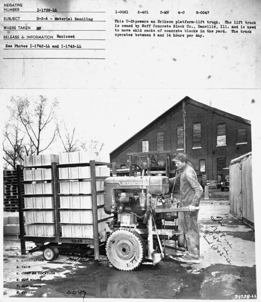 Subject: "U-2-A — Material Handling." Where Taken: "MW." Information with photograph reads: "This U-2A powers an Erikson platform-lift truck. The lift truck is owned by Neff Concrete Block Co., Danville, Ill. and is used to move skid racks of concrete blocks in the yard. The truck operates between 8 and 14 hours per day."