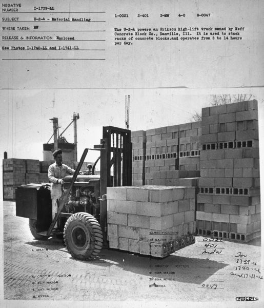 Subject: "U-2-A — Material Handling." Where Taken: "MW." Information with photograph reads: "This U-2-A powers an Erikson high-lift truck owned by Neff Concrete Block Co., Danville, Ill. It is used to stack racks of concrete blocks and operates from 8 to 14 hours per day."