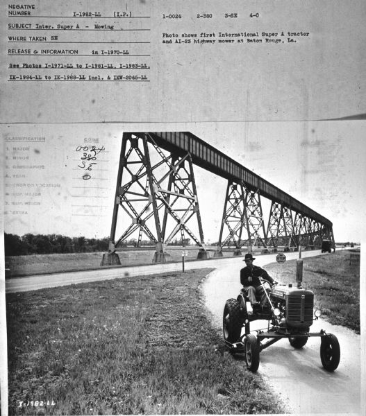 Subject: "Inter. Super A — Mowing." Where Taken: "SE." Information with photograph reads: "Photo shows first International Super A tractor and AI-23 highway mower at Baton Rouge, La."