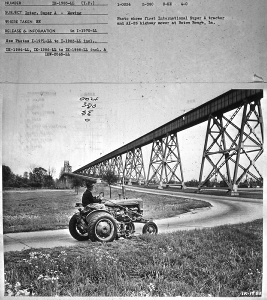Subject: "Inter. Super A — Mowing." Where Taken: "SE." Information with photograph reads: "Photo shows first International Super A tractor and AI-23 highway mower at Baton Rouge, La."