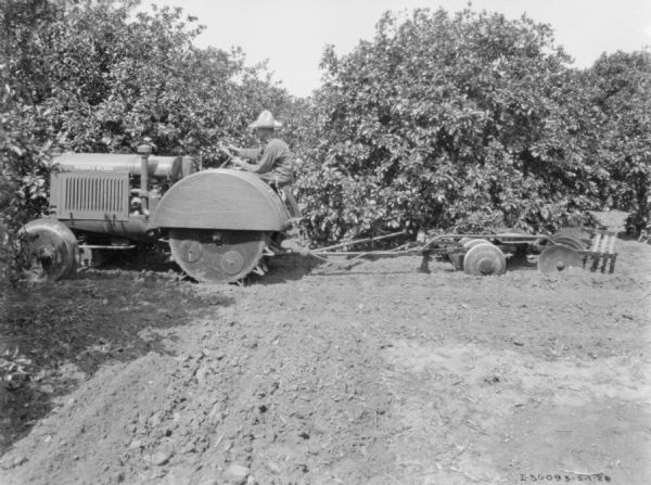 Side view of a man using a tractor to pull a disk harrow in an orchard.