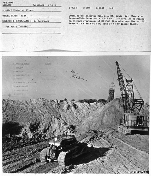 Subject: "TD-24 — Mines." Where Taken: "MidW." Information with photograph reads: "Owned by The Majestic Coal Co., St. Louis, Mo. Used with Bucyrus-Erie dozer and a P & H No. 1035 dragline to remove an average overburden of 35 feet from mine near Marion, Ill. Beneath is a seam of coal from 35 to 40 inches thick."