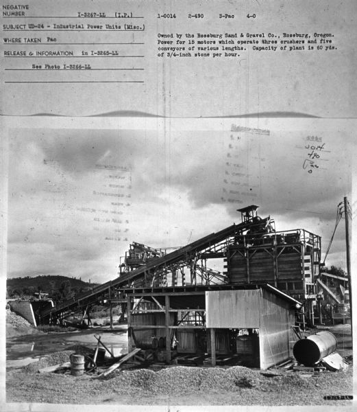 Subject: "UD-24 — Industrial Power Units (Misc.)." Where Taken: "Pac." Information with photograph reads: "Owned by the Roseburg Sand & Gravel Co., Roseburg, Oregon. Power for 15 motors which operate three crushers and five conveyors of various lengths. Capacity of plant is 60 yards of 3/4-inch stone per hour."