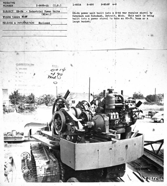 Subject: "UD-24 — Industrial Power Units (Misc.)." Where Taken: "MidW" Information with photograph reads: "UD-24 power unit built into a G-44 war surplus shovel by Sabodash and Sabodash, Detroit, Mich. This unit is being built into a power shovel to take an 80-ft. boom or a large bucket."