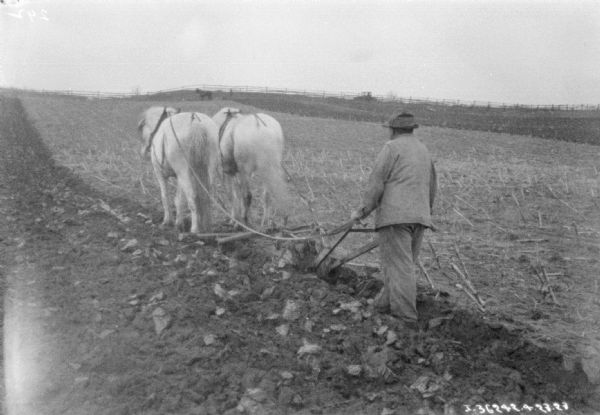 A man is holding onto a walking plow behind a team of two horses in a field.