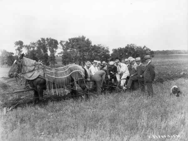 View towards a group of men inspecting the ground turned up by a horse-drawn plow. The horses are wearing fly-nets. There is a dog on the far right.