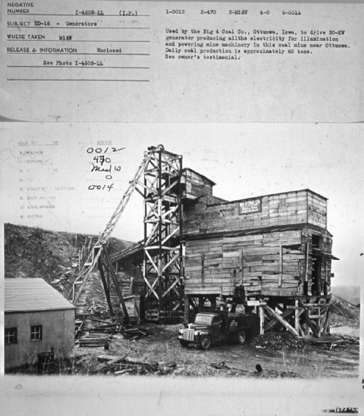 View of Coal Mine. Subject: "UD-16 — Generators." Where Taken: "MidW." Information with photograph reads: "Used by the Big 4 Coal Co., Ottumwa, Iowa, to drive 30-KW generator producing all the electricity for illumination and powering mine machinery in this coal mine near Ottumwa. Daily coal production is approximately 65 tons."