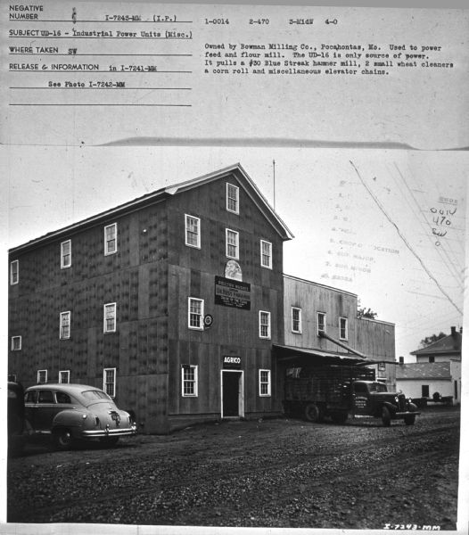 Subject: "UD-16 — Industrial Power (Misc.)." Where Taken: "SW." Information with photograph reads: "Owned by Bowman Milling Co., Pocahontas, Mo. Used to power feed and flour mill. The UD-16 is only source of power. It pulls a #30 Blue Streak hammer mill, 2 small wheat cleaners a corn roll and miscellaneous elevator chains."