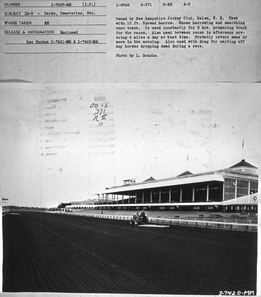 Subject: "ID-9 — Parks, Cemeteries, Etc." Where Taken: "NE." Information with photograph reads: "Owned by New Hampshire Jockey Club, Salem, N.H. Used with 12 ft. Spread harrow. Shown harrowing and smoothing race track. Is used constantly for 3 hrs. preparing track for the races. Also used between races in afternoon covering 8 miles a day at that time. Probably covers same or more in the morning. Also used with drag for carting off any horses dropping dead during a race. Photo by L. Bouche."
