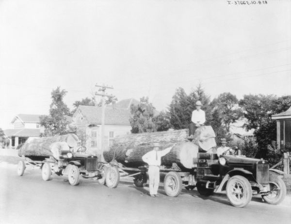 Two men are sitting in the driver's seats of two open trucks. Each truck has a trailer with large logs stacked on it. Another man is sitting on top of one of the logs, and another man is standing on the street next to the trailer. Houses are in the background.