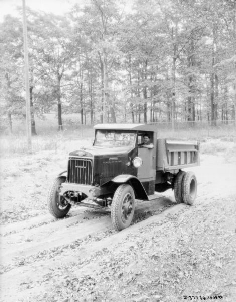 View towards a man sitting in the driver's seat of a dump truck. The truck is on a dirt road, and a fence and trees are in the background.