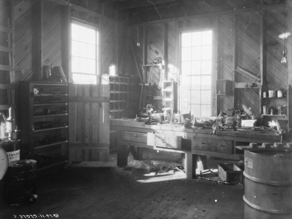 Interior view of repair shop at implement store. 
