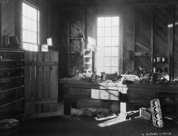 View of the interior of a repair shop.
