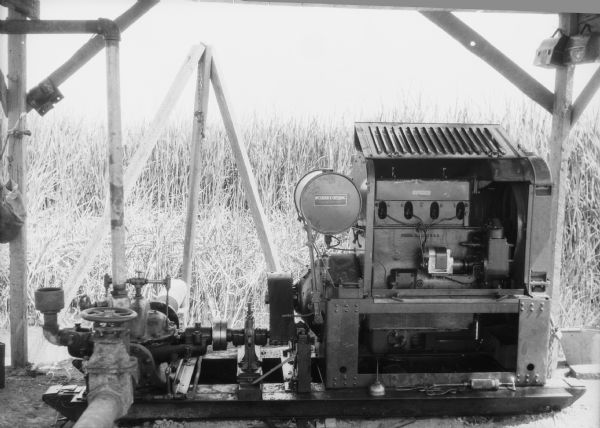 A McCormick-Deering engine is in a shed next to a field. The engine cover is open showing the interior.