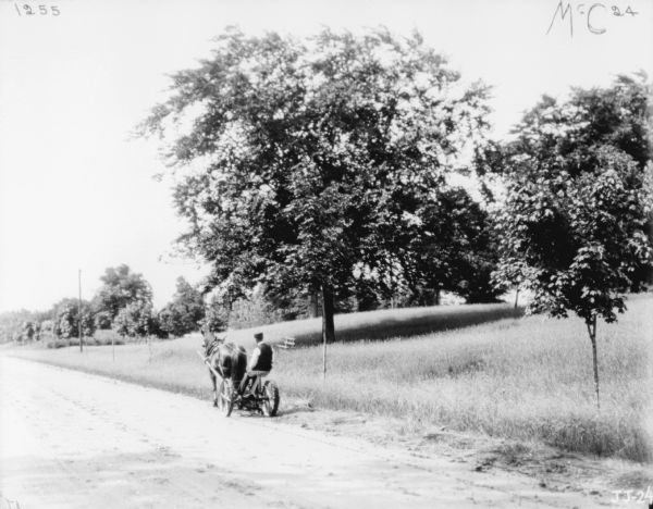 Man using horse-drawn mower along roadside.