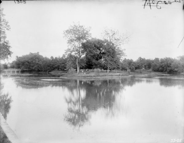 View across lake towards a far shoreline, where a man is using a horse-drawn implement.