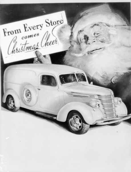 Santa and IH Truck. Santa Claus is holding a sign that reads: "From every store comes Christmas Cheer."