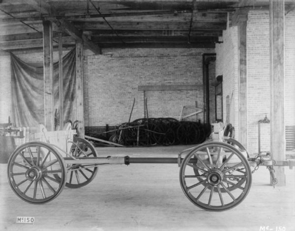 Weber Wagon chassis set up indoors at McCormick Works.