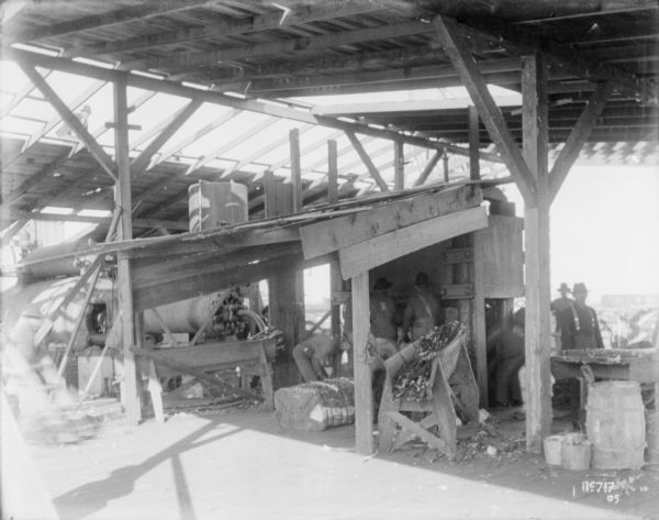 Men are standing inside a building unloading bales of manila or cotton. The roof is partially open above the baler, and there are no walls on the building.