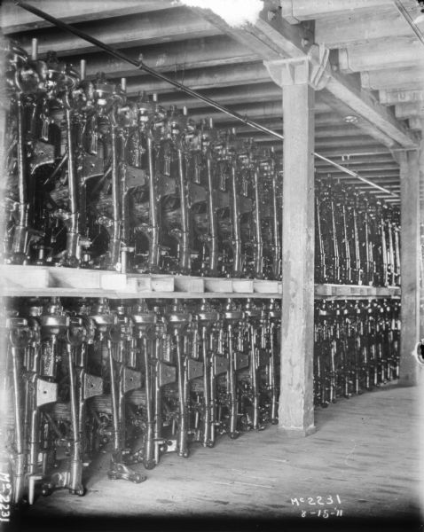 Machine parts on stacked on shelves at McCormick Works.
