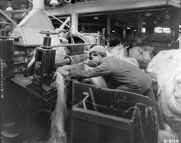 A man wearing work clothes and a hat is bending forward with his arms spread wide on either side of a twine machine feeding material, probably hemp, into the machine. Another man is working on another machine behind. The room is filled with twine machinery and materials. This man is likely an employee of the International Harvester Osbourne Works in Auburn, New York.