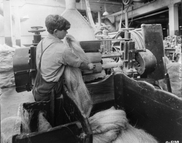 A man is feeding a large bundle of manila hemp fiber into a piece of twine machinery. The man is dressed in overalls and has his sleeves rolled up. Surrounding the man are other bundles of fiber and pieces of machinery. The man is likely an employee of the International Harvester Osbourne Works in Auburn, New York.