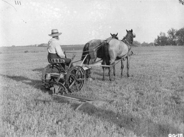 Rear view of a man on a horse-drawn Mower in a field. Location: Europe.