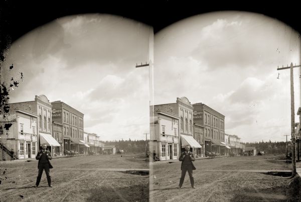 Stereograph of a man on Main Street, created by Van Schaick or his colleague, Thomas T. McAdam.