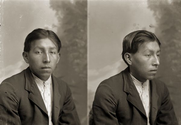 Dual quarter-length studio portraits of George Hindsley (AhoShipKah) in front of a painted backdrop. George reportedly died in 1967, and was a member of Peyote Cult. 