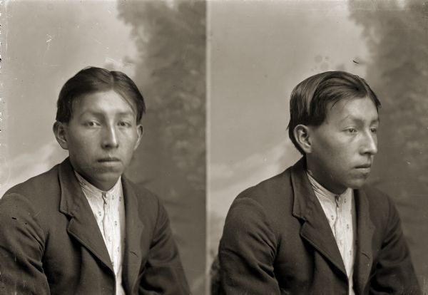 Dual quarter-length studio portraits of George Hindsley (AhoShipKah) in front of a painted backdrop. George reportedly died in 1967, and was a member of Peyote Cult.
