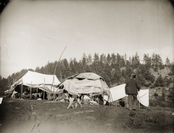 A Ho-Chunk man and a dog walking near their home and cooking tent. The sides are rolled up to allow air to flow through.