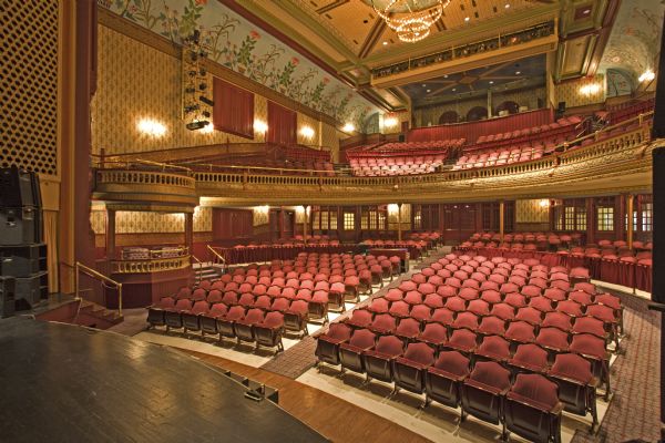 View of the Grand Opera House auditorium from the stage.  Includes decorative wall panels by Frank Waldo.
