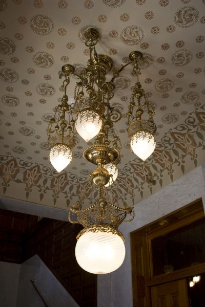 Close-up of chandelier in Mabel Tainter Memorial Theater.