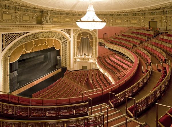View of Pabst Theater's auditorium and stage from upper balcony.