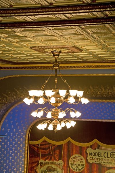 Close-up of replica chandelier in Stoughton Opera House.