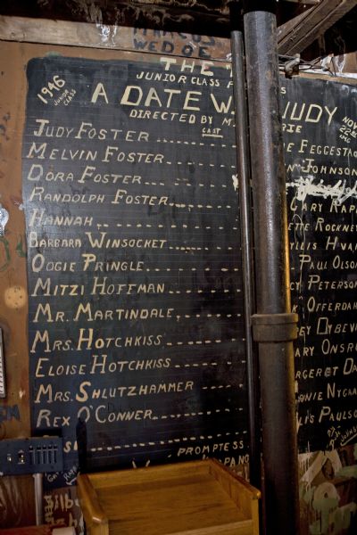 Close-up of 1946 cast list preserved on a backstage wall of the Stoughton Opera House.