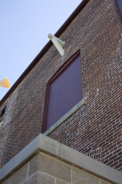 Exterior view of Independence Opera House's rear loading doors including pulley.